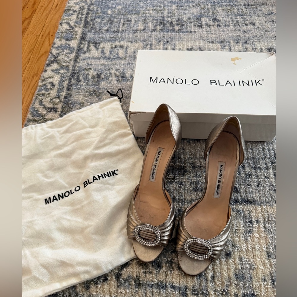 Vintage Manolo Blahnik Pewter Crystal D’Orsay Peep Toe Heels